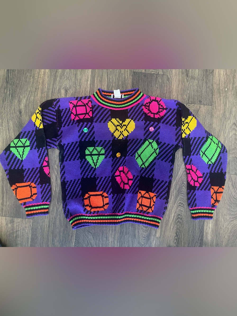 VTG 90s Join the Club Neon Gem Jewel Checkered Knit Sweater Purple